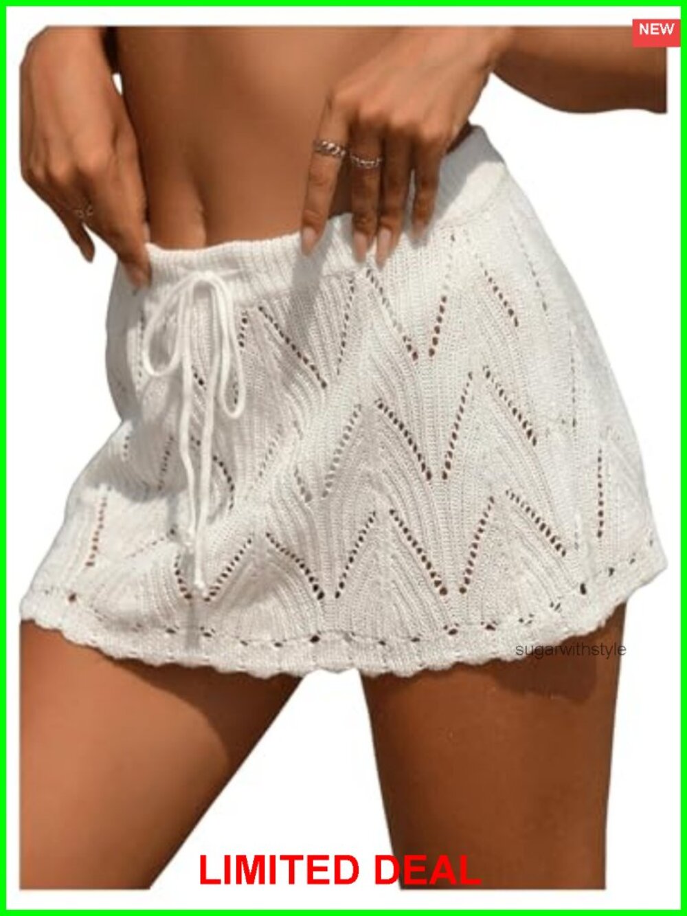 Women Crochet Knit Mini Swim Cover Up Skirt Drawstring Scallop Trim